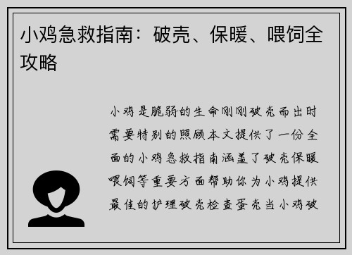 小鸡急救指南：破壳、保暖、喂饲全攻略